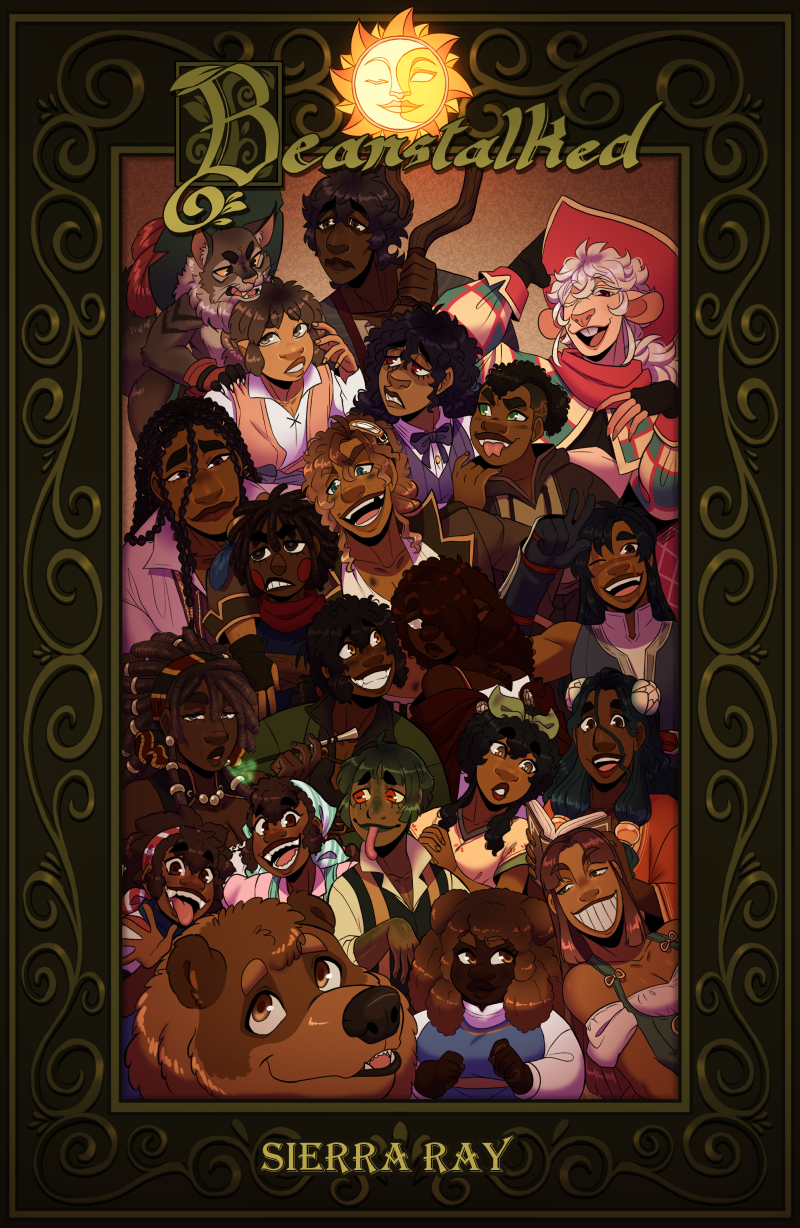 A group shot of all the main characters of Beanstalked, replicating a family photo. They are all positioned in a frame covered in vine patterns. In the top center is a sun and moon symbol and at the bottom center is the logo and words Beanstalked