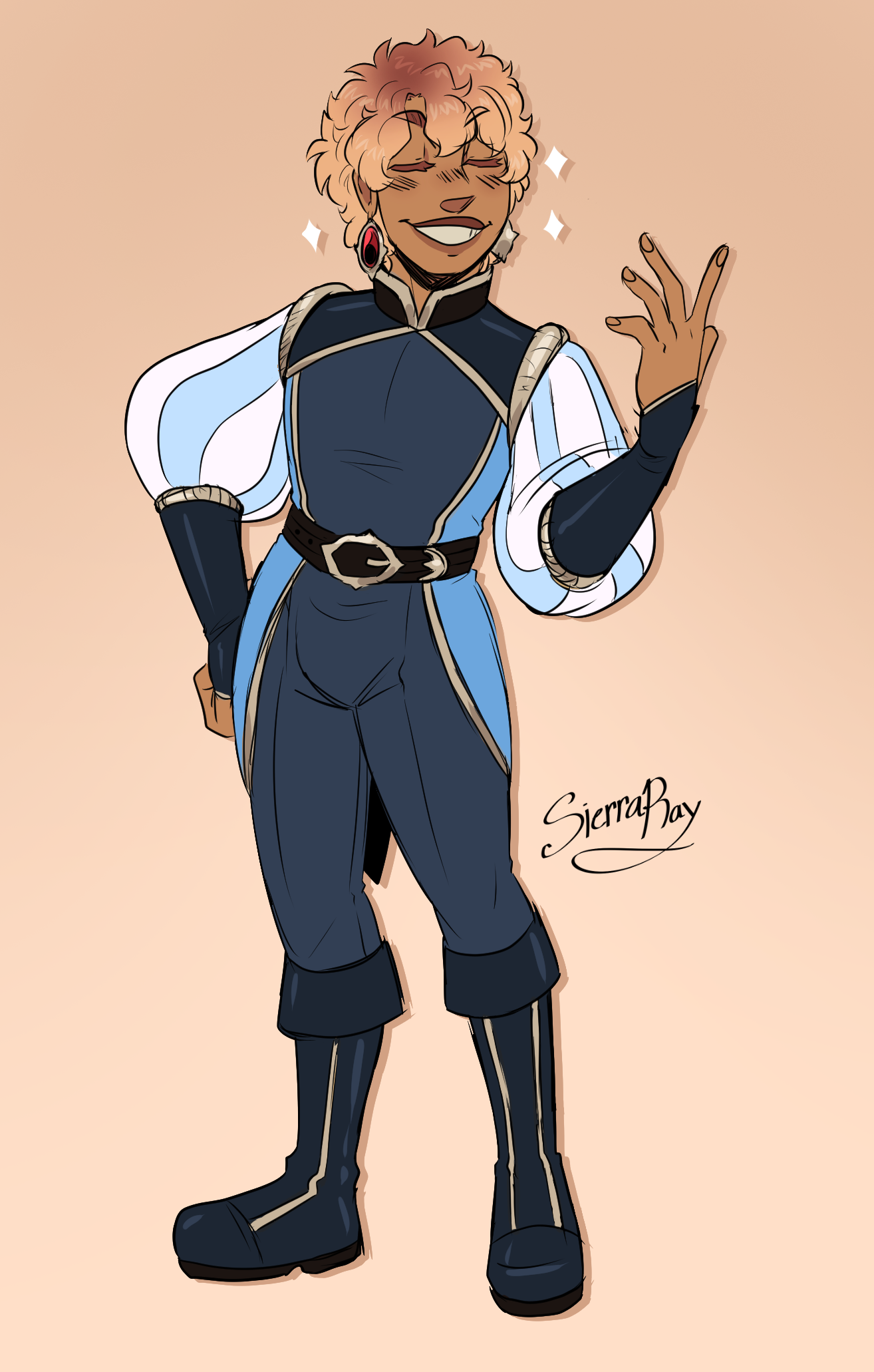 A full body of Prince Charming. He has a smug smile on his face as he gestures his left hand towards himself.